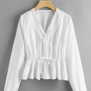 ROMWE White Draw String Pearls Blouse
